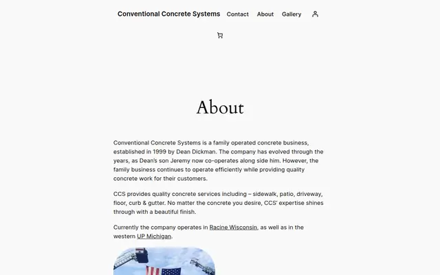 Screenshot of the Conventional Concrete Systems homepage as it appeared on 2026-09-08, captured at desktop width.
