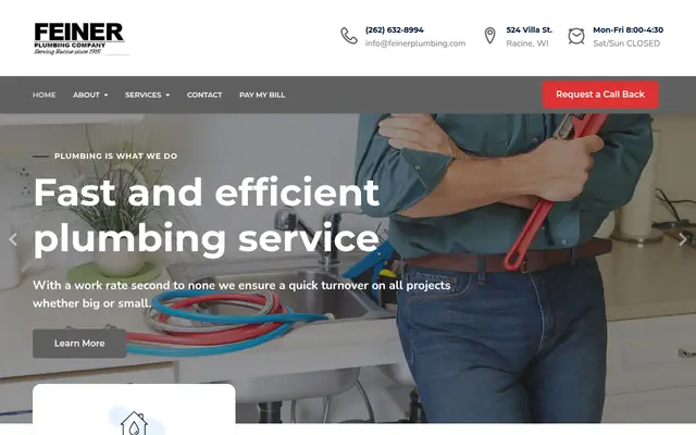 Screenshot of the Feiner Plumbing Co homepage as it appeared on 2026-09-08, captured at desktop width.