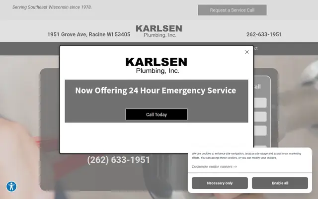 Screenshot of the Karlsen Plumbing Inc. homepage as it appeared on 2026-09-08, captured at desktop width.