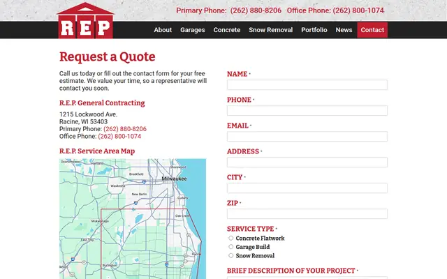 Screenshot of the REP General Contracting homepage as it appeared on 2026-09-08, captured at desktop width.