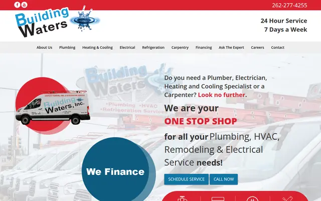 Screenshot of the Building Waters inc. homepage as it appeared on 2026-09-08, captured at desktop width.