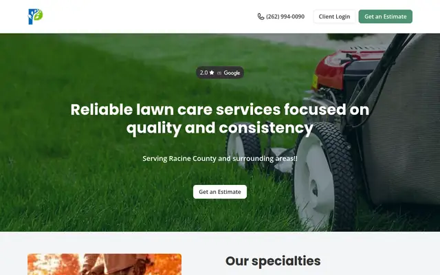 Screenshot of the Happy Pebbles Lawn Care LLC homepage as it appeared on 2026-09-08, captured at desktop width.
