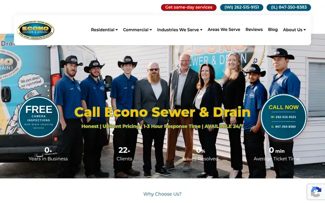 Screenshot of the Econo Sewer & Drain homepage as it appeared on 2026-09-08, captured at desktop width.