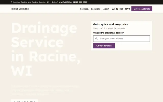 Screenshot of the Racine Drainage homepage: the headline, a short form asking for a property address, and a panel reading the current local rainfall.