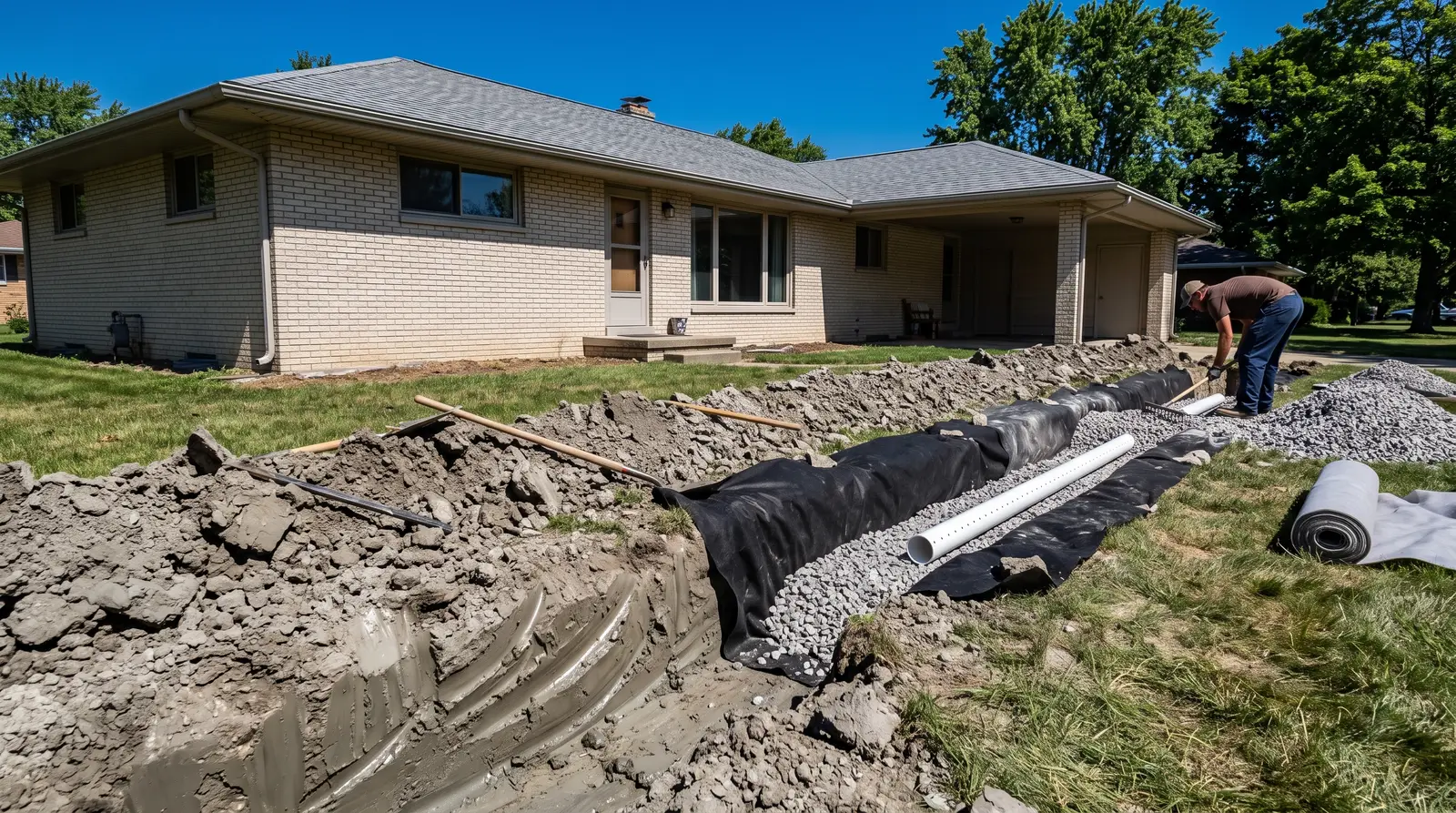 Four photographs of the same trench in sequence: open cut, stone bed, perforated pipe laid in the stone, then stone filled level to the surface.