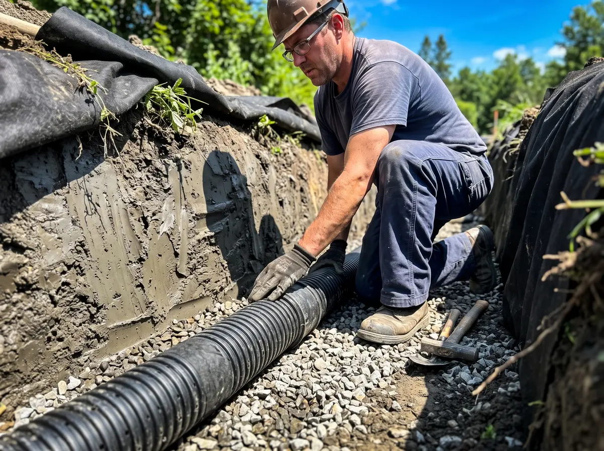 A worker kneeling at the edge of an open trench, seating perforated pipe into a bed of washed stone with both hands.